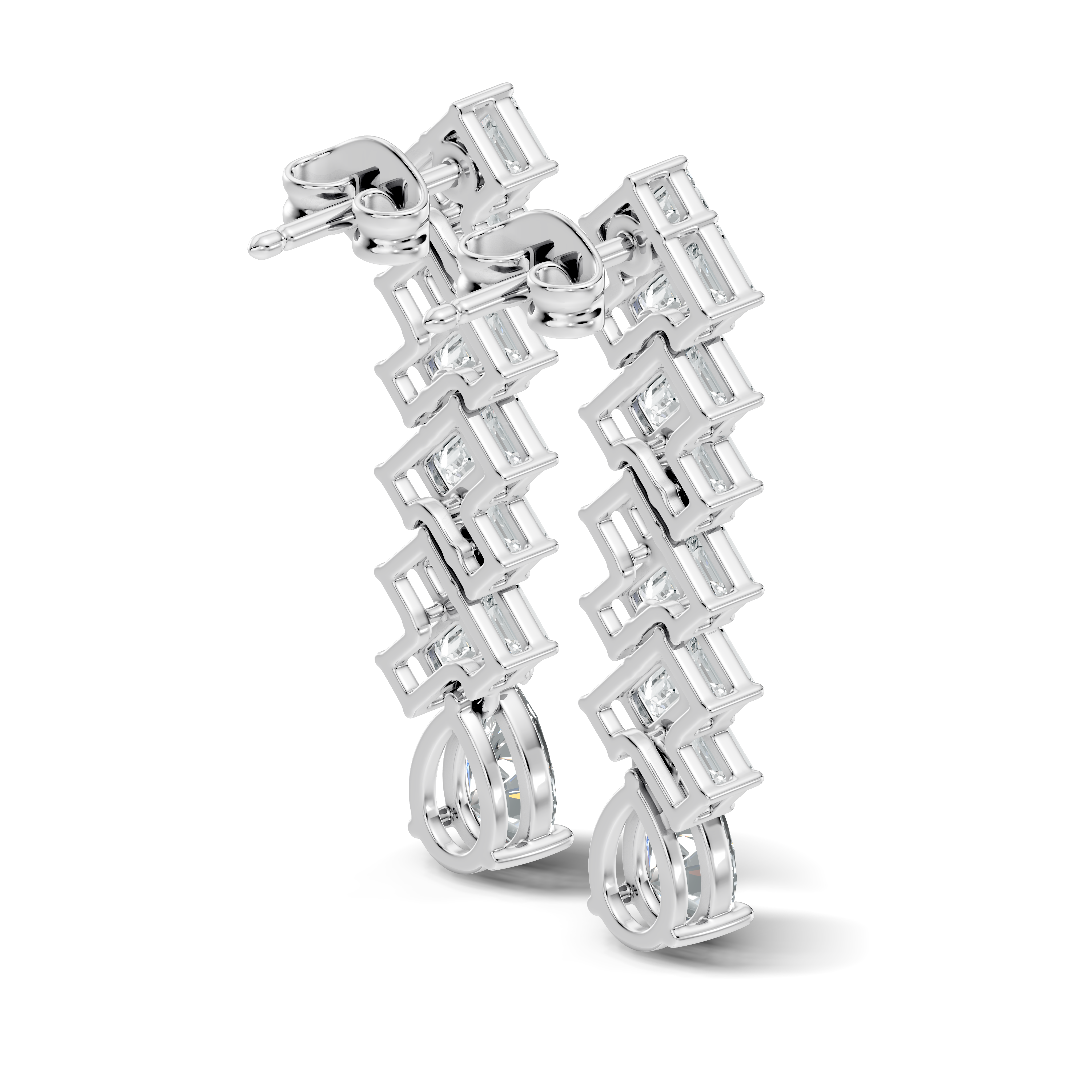 Emerald Cut Zig-Zag Column & Pear Drop Diamond Earrings