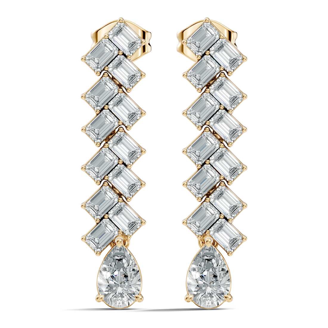 Emerald Cut Zig-Zag Column & Pear Drop Diamond Earrings