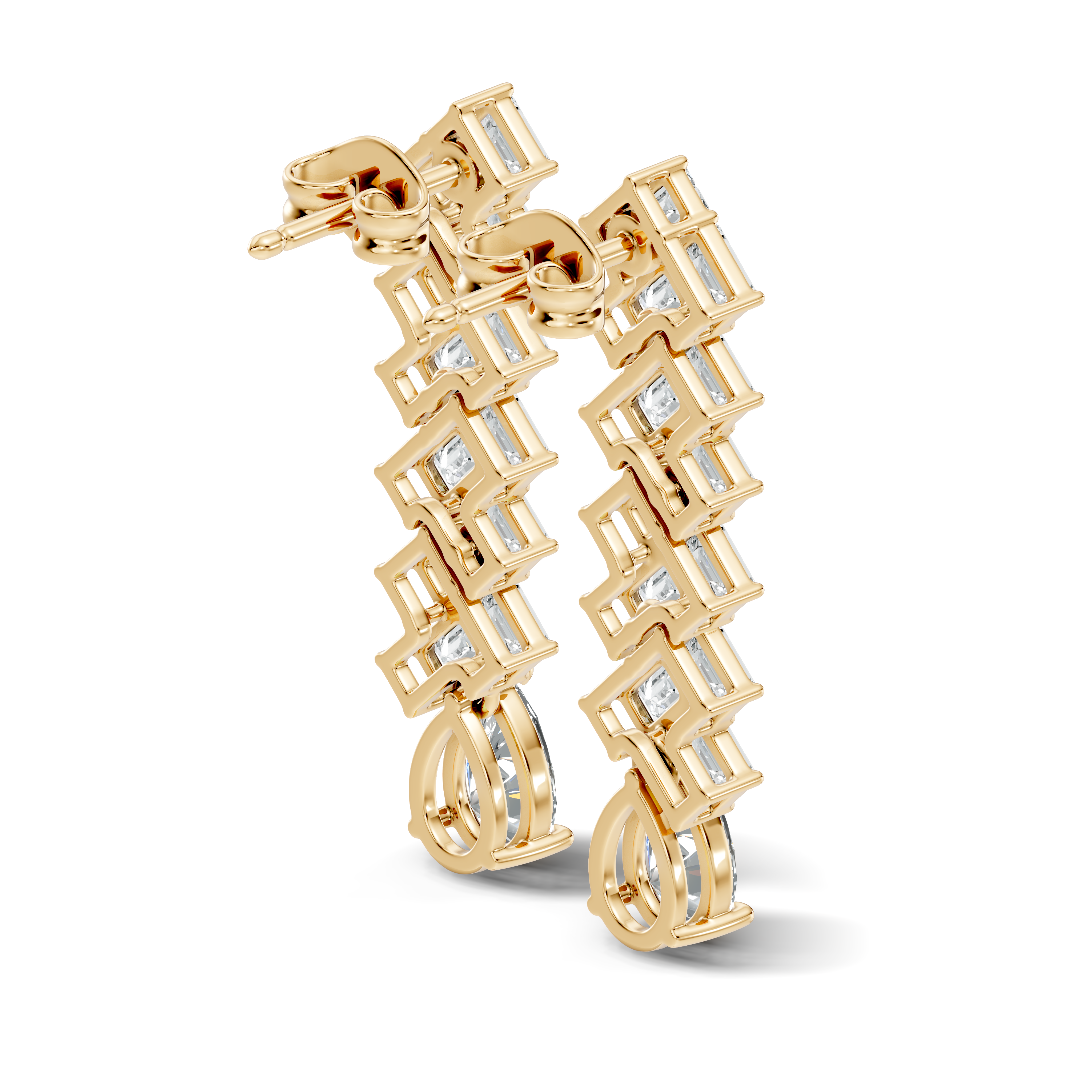 Emerald Cut Zig-Zag Column & Pear Drop Diamond Earrings