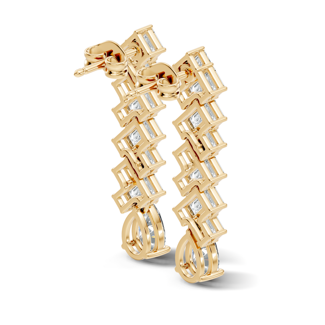 Emerald Cut Zig-Zag Column & Pear Drop Diamond Earrings