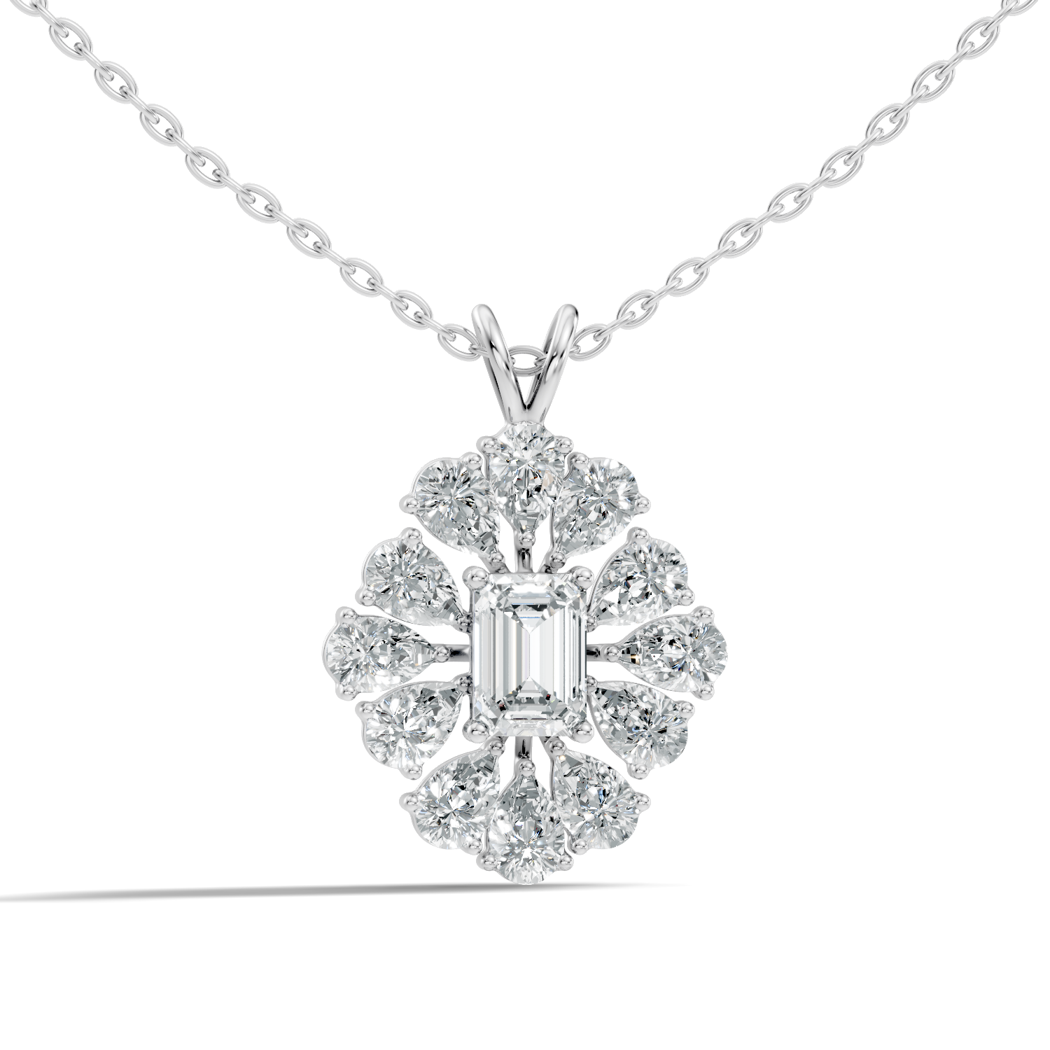 Emerald-Cut Diamond Sunflower Halo Pendant