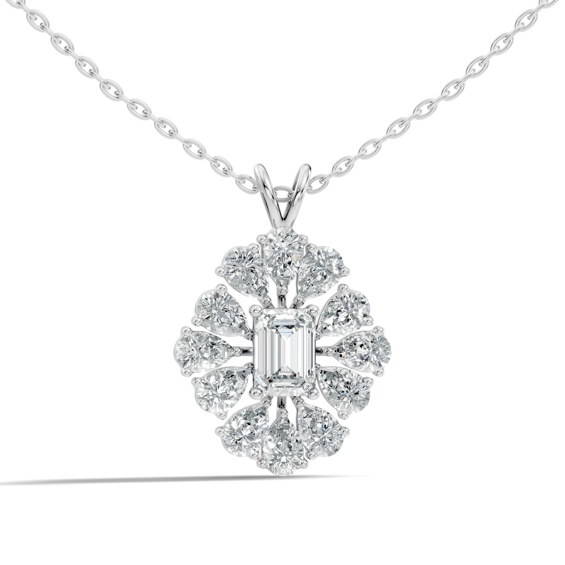 Emerald-Cut Diamond Sunflower Halo Pendant