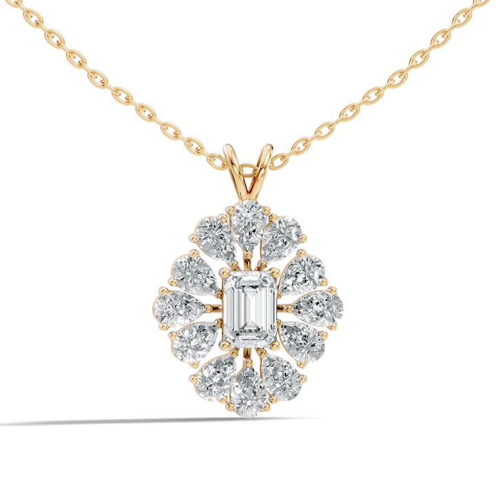 Emerald-Cut Diamond Sunflower Halo Pendant