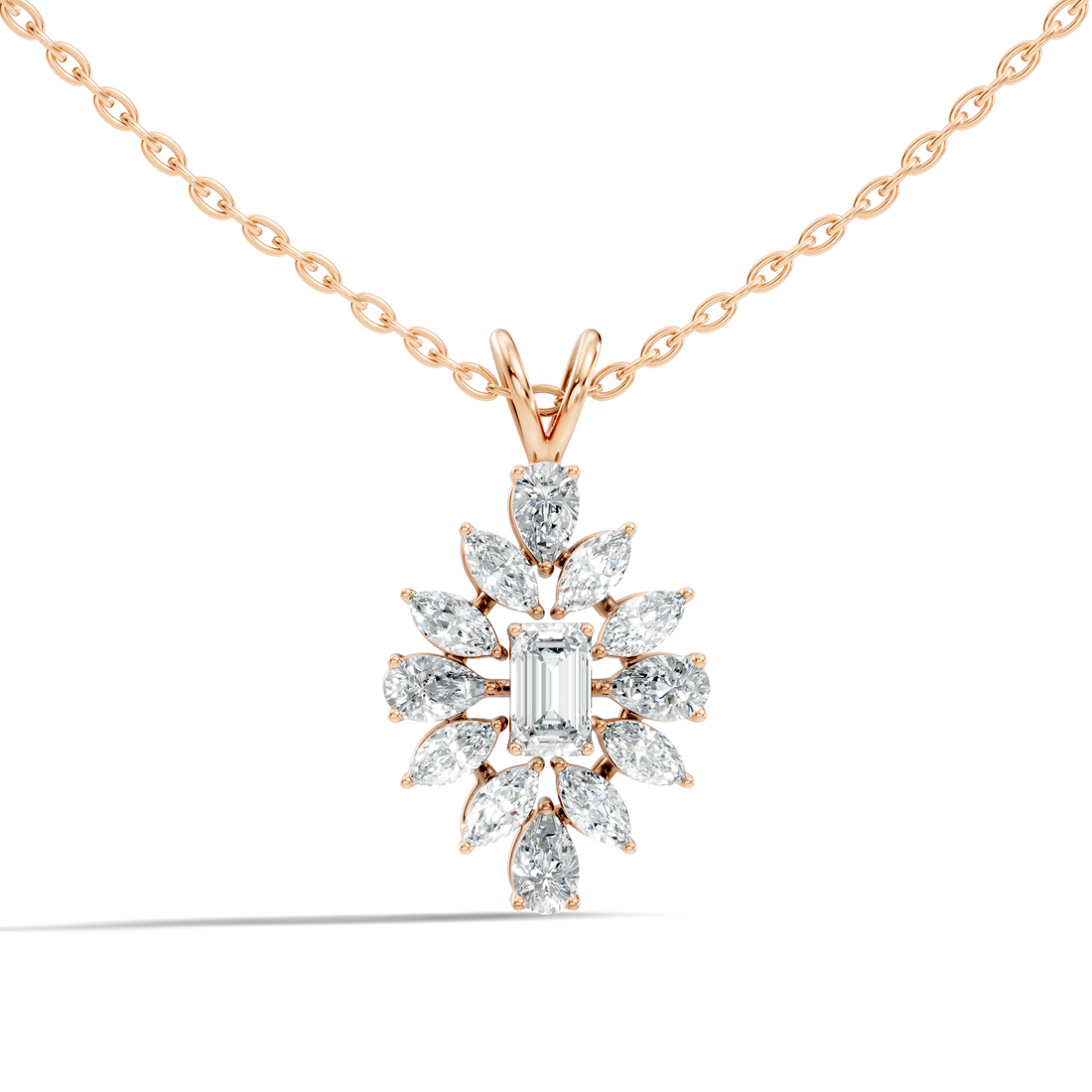 Emerald-Cut Diamond Marquise & Pear Floral Halo Pendant