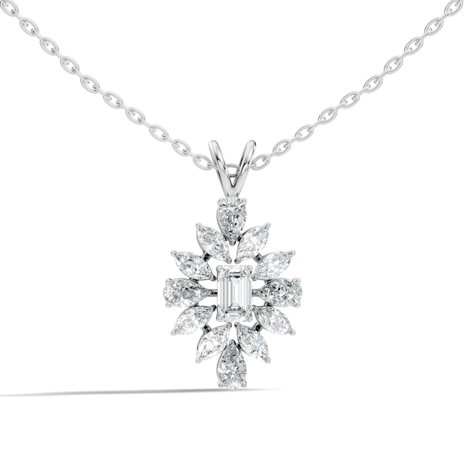 Emerald-Cut Diamond Marquise & Pear Floral Halo Pendant