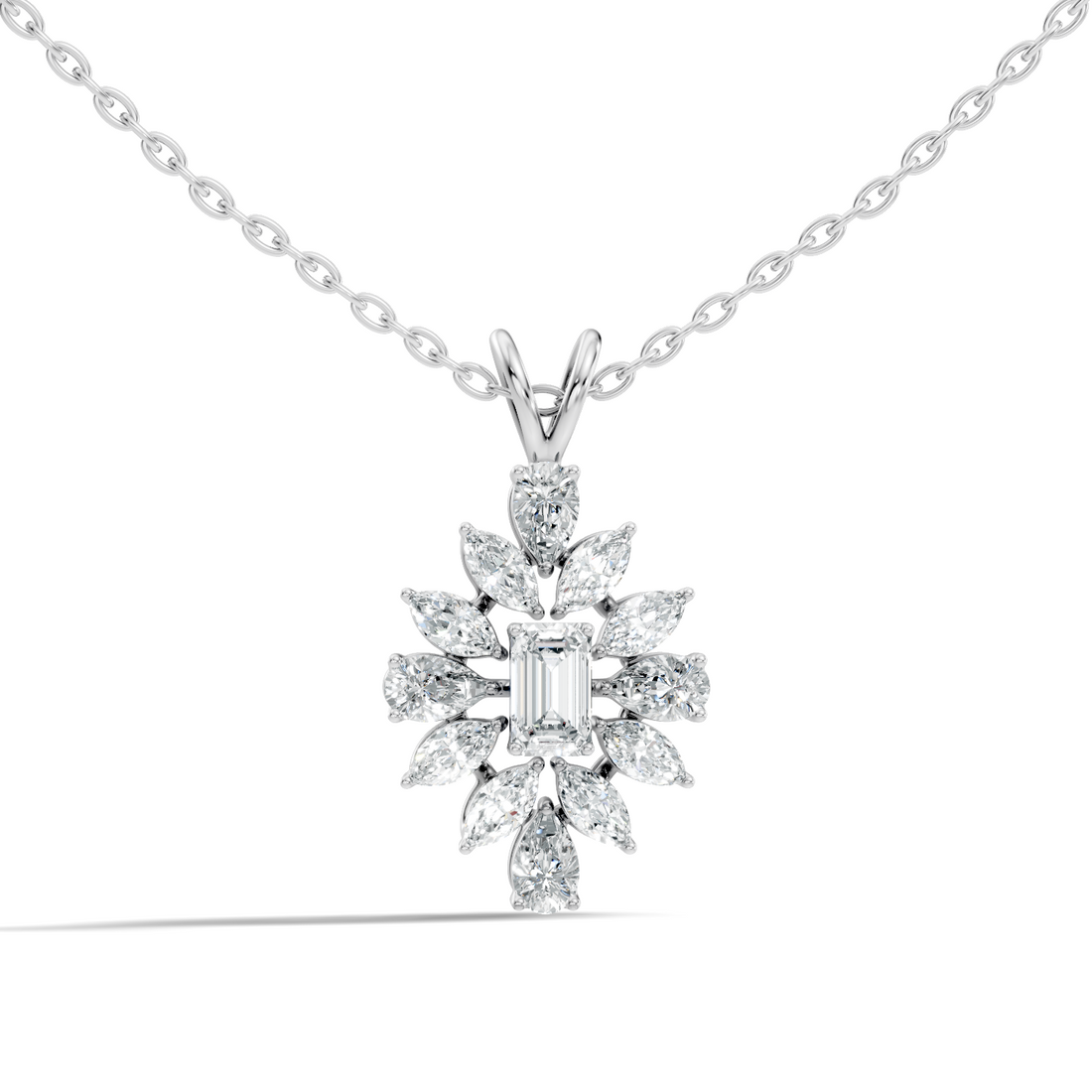 Emerald-Cut Diamond Marquise & Pear Floral Halo Pendant
