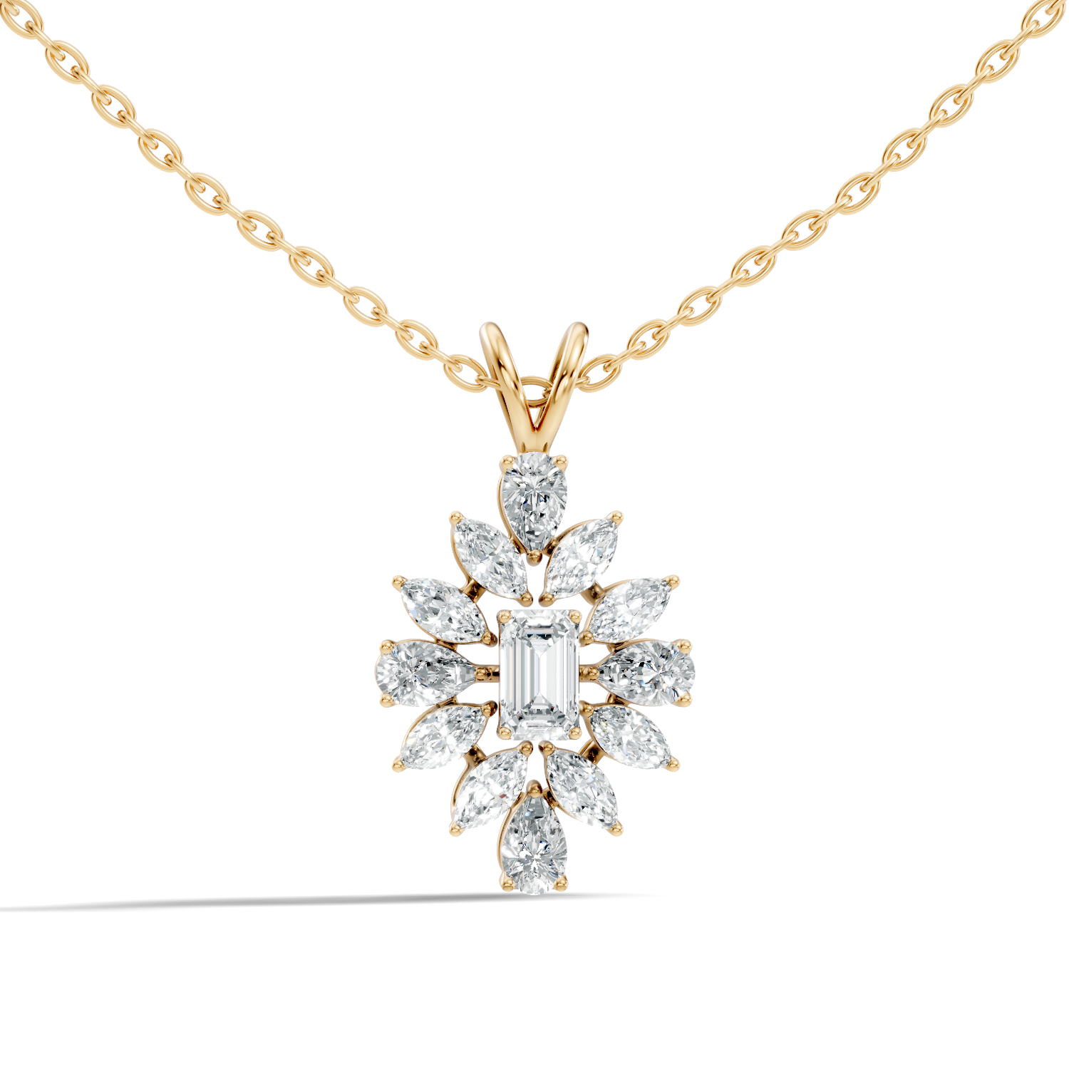 Emerald-Cut Diamond Marquise & Pear Floral Halo Pendant