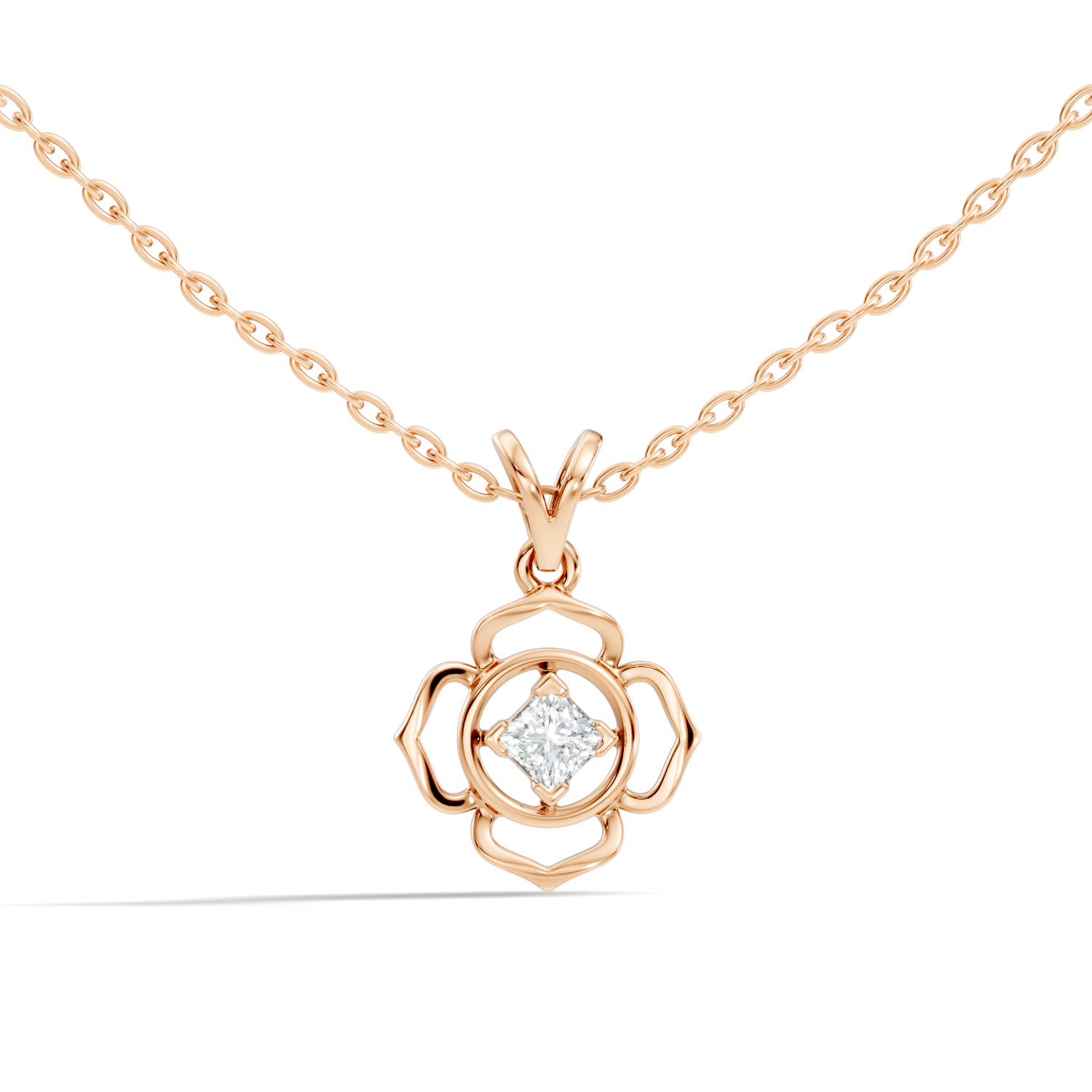 Openwork Floral Princess-Cut Diamond 41 Pointer Solitaire Pendant