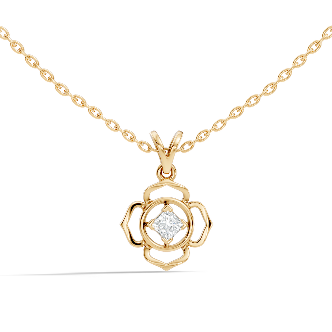 Openwork Floral Princess-Cut Diamond 41 Pointer Solitaire Pendant