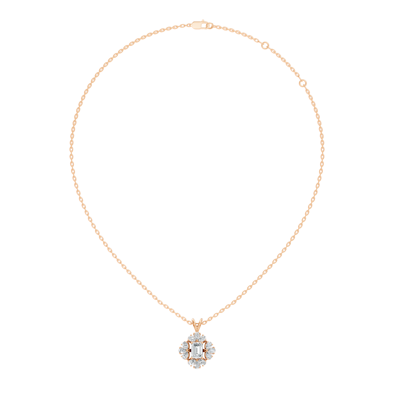 Emerald Cut Solitaire Diamond Pendant with Pear Cluster Halo