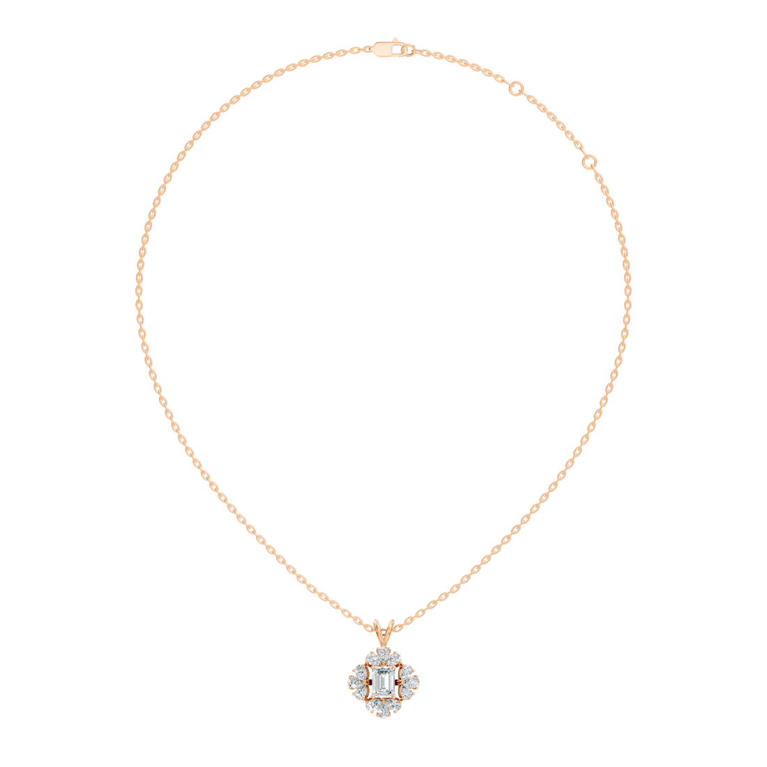 Emerald Cut Solitaire Diamond Pendant with Pear Cluster Halo