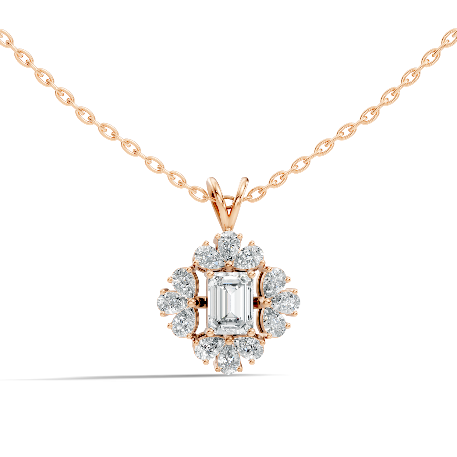 Emerald Cut Solitaire Diamond Pendant with Pear Cluster Halo