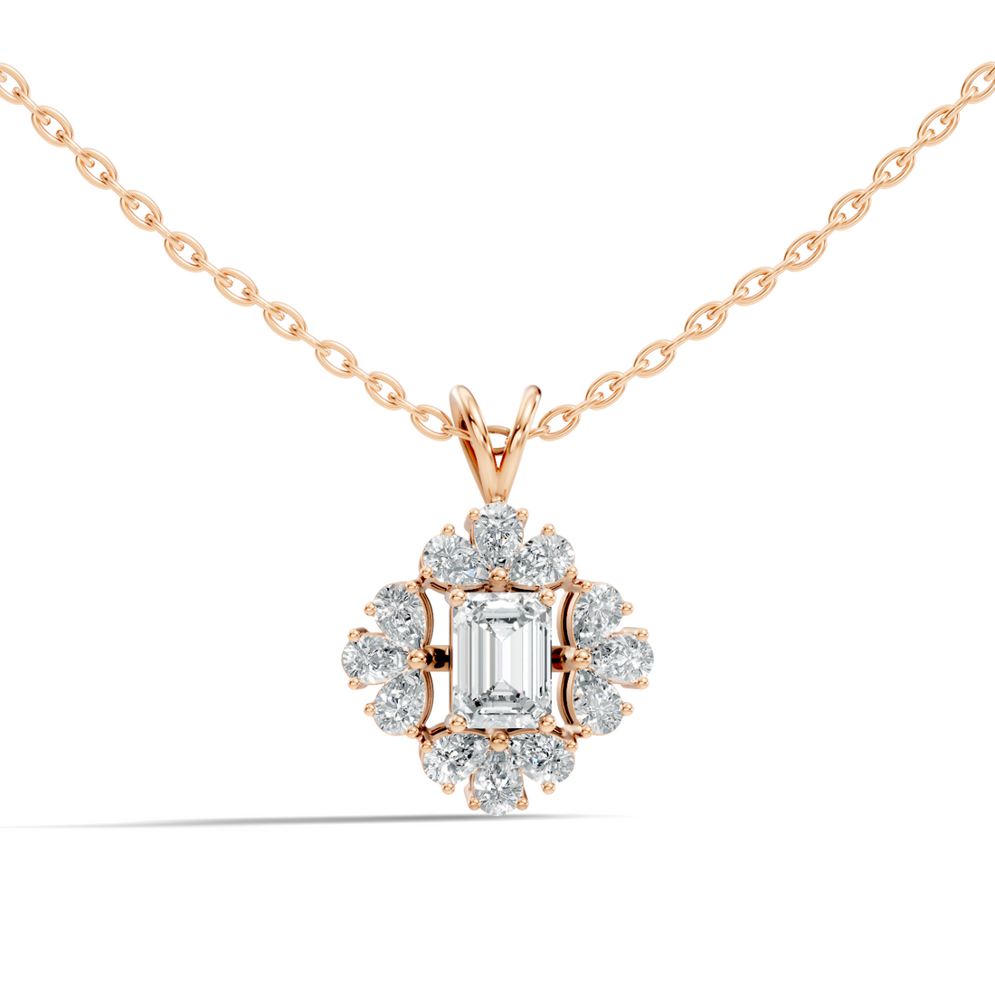 Emerald Cut Solitaire Diamond Pendant with Pear Cluster Halo