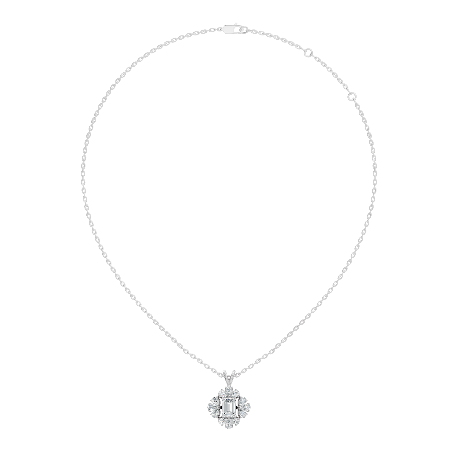 Emerald Cut Solitaire Diamond Pendant with Pear Cluster Halo