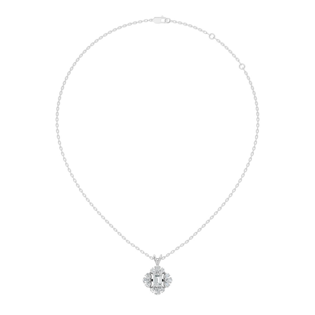 Emerald Cut Solitaire Diamond Pendant with Pear Cluster Halo