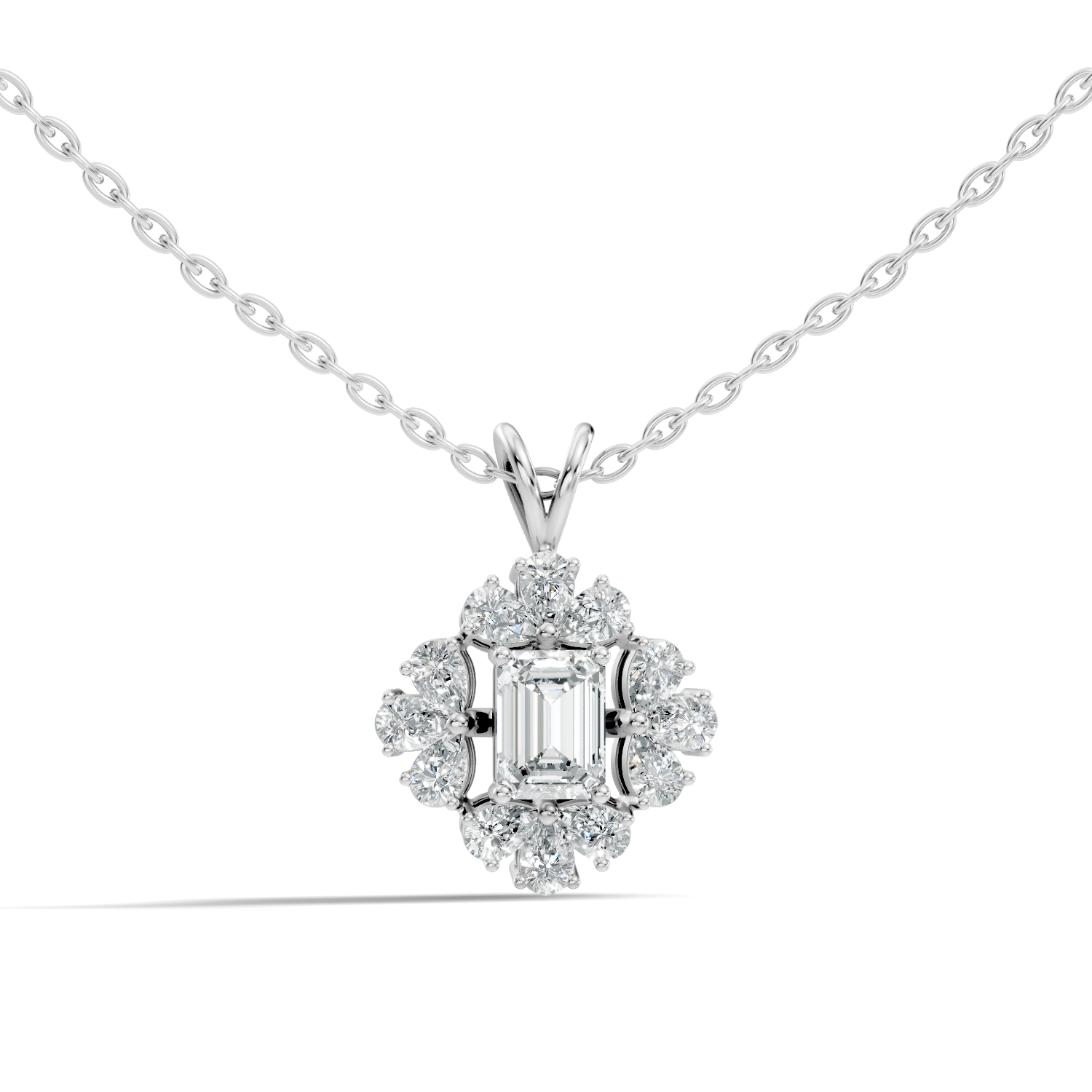 Emerald Cut Solitaire Diamond Pendant with Pear Cluster Halo