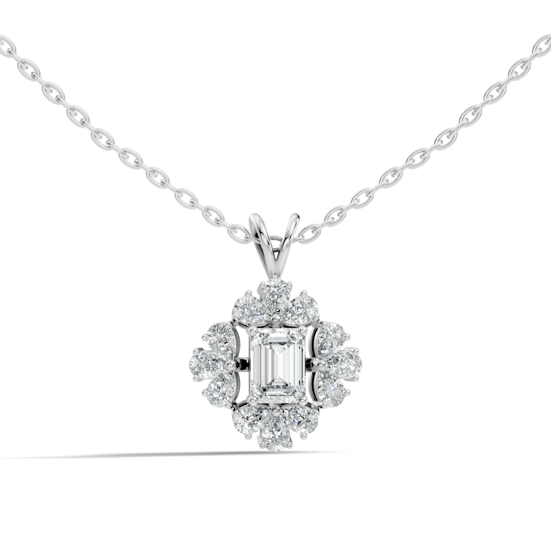 Emerald Cut Solitaire Diamond Pendant with Pear Cluster Halo