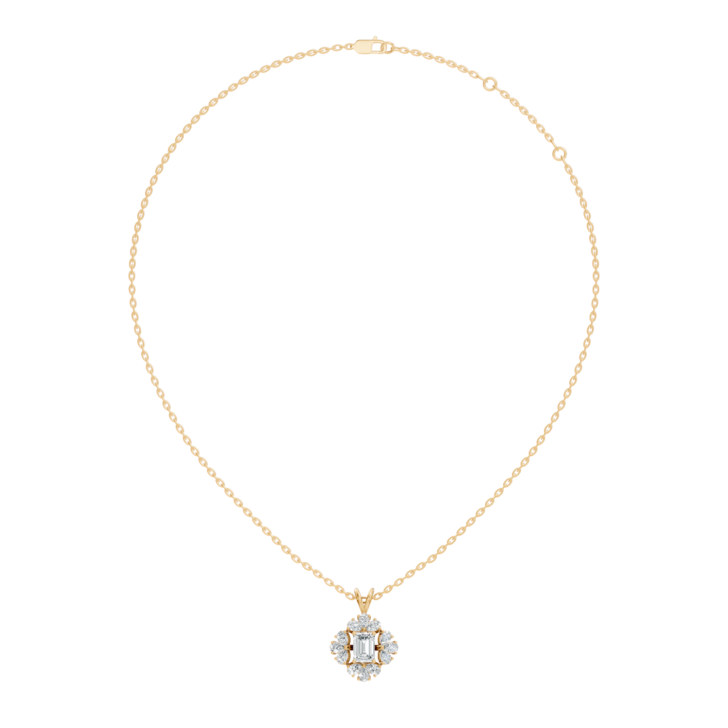 Emerald Cut Solitaire Diamond Pendant with Pear Cluster Halo