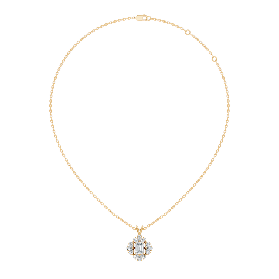 Emerald Cut Solitaire Diamond Pendant with Pear Cluster Halo