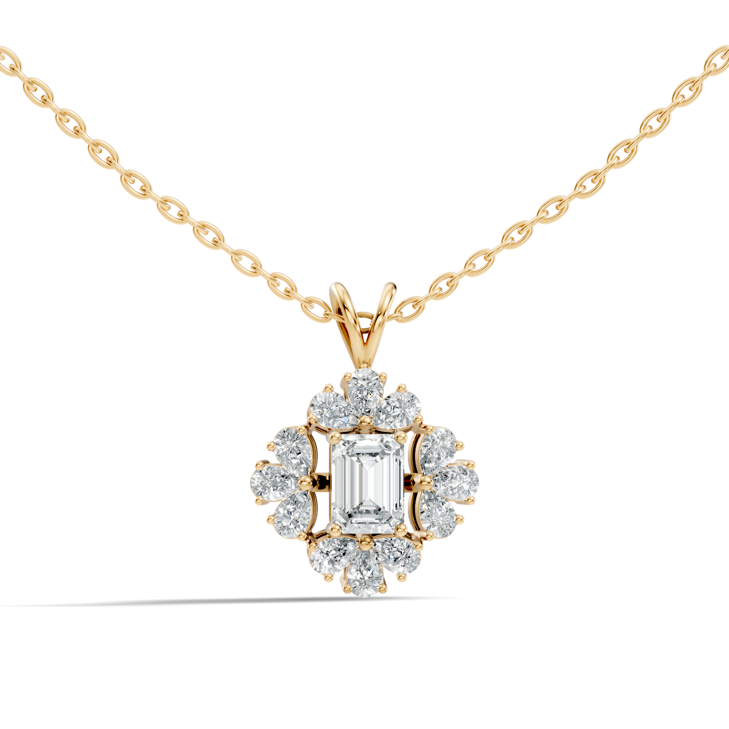 Emerald Cut Solitaire Diamond Pendant with Pear Cluster Halo