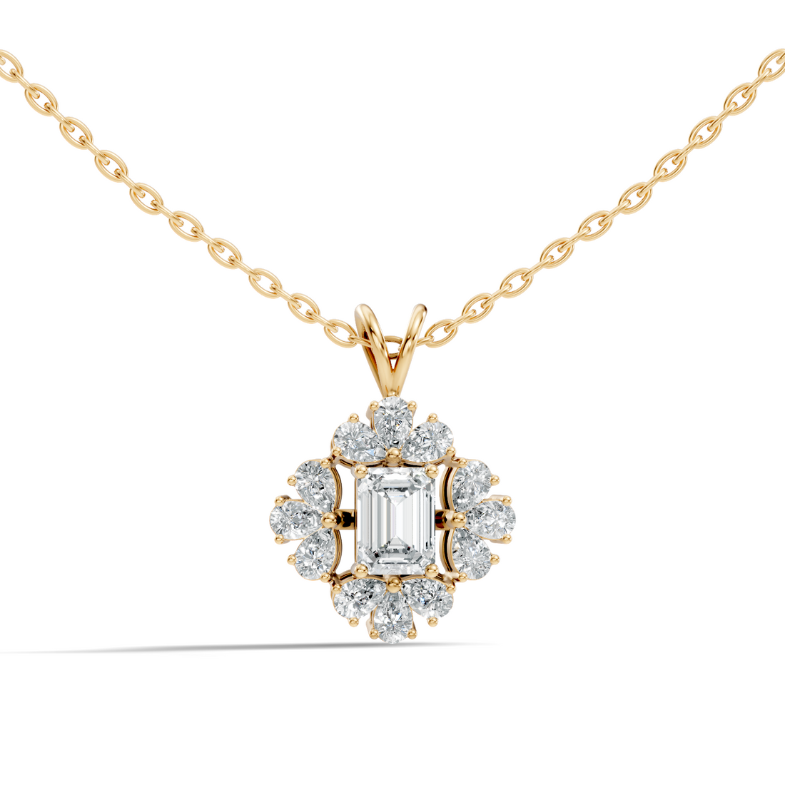 Emerald Cut Solitaire Diamond Pendant with Pear Cluster Halo