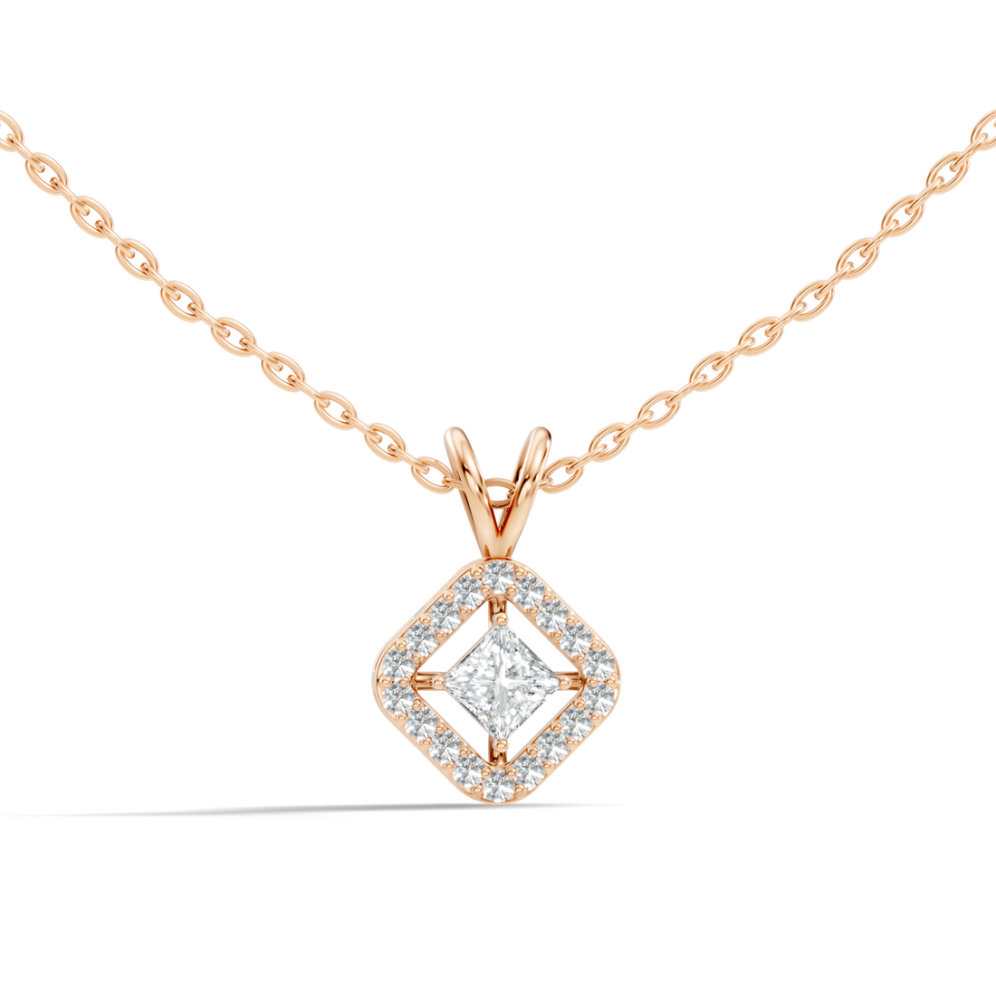 Princess Cut Diamond Floating Solitaire Rhombus Halo Pendant