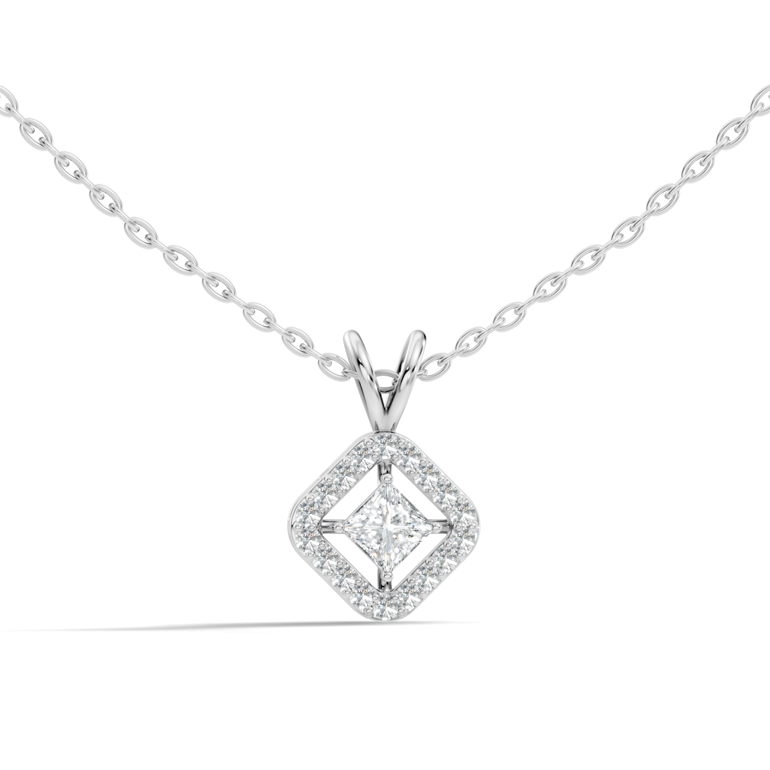 Princess Cut Diamond Floating Solitaire Rhombus Halo Pendant
