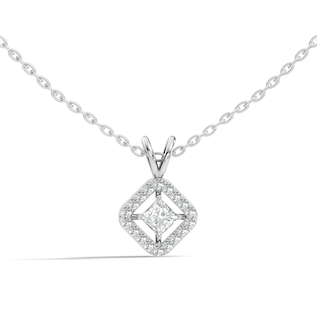 Princess Cut Diamond Floating Solitaire Rhombus Halo Pendant