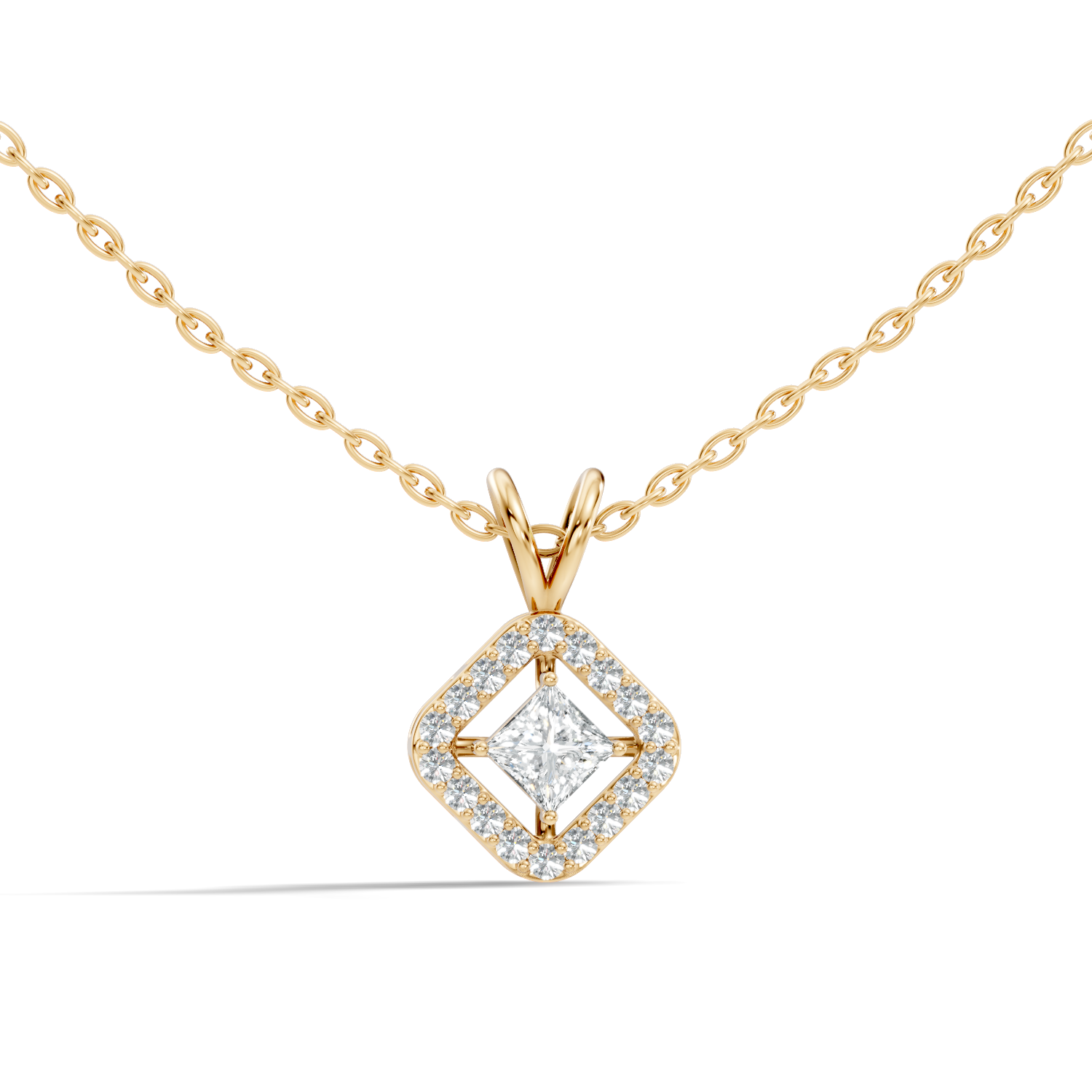 Princess Cut Diamond Floating Solitaire Rhombus Halo Pendant