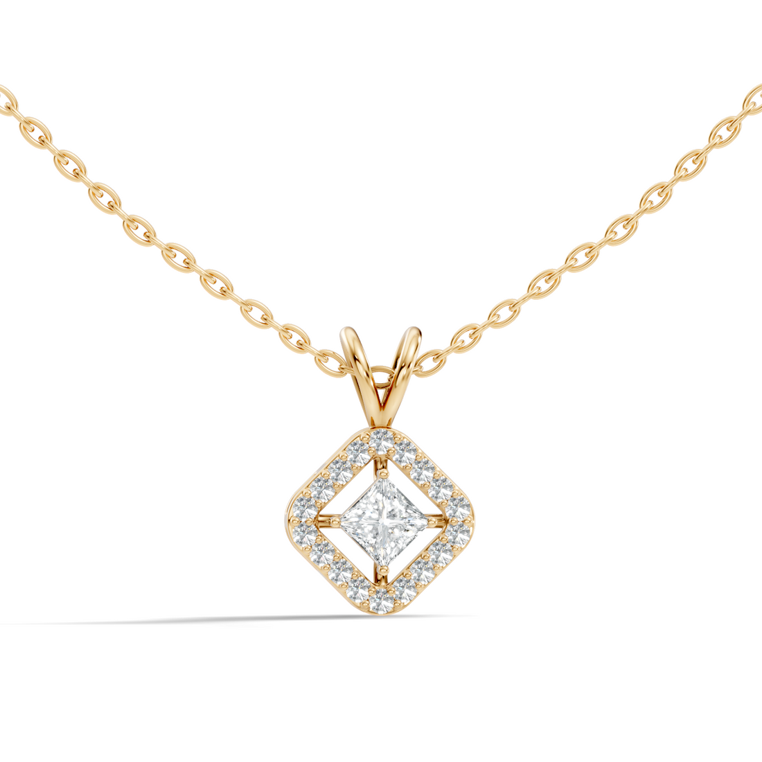 Princess Cut Diamond Floating Solitaire Rhombus Halo Pendant