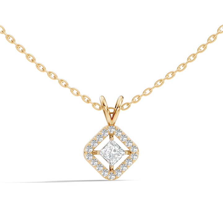 Princess Cut Diamond Floating Solitaire Rhombus Halo Pendant