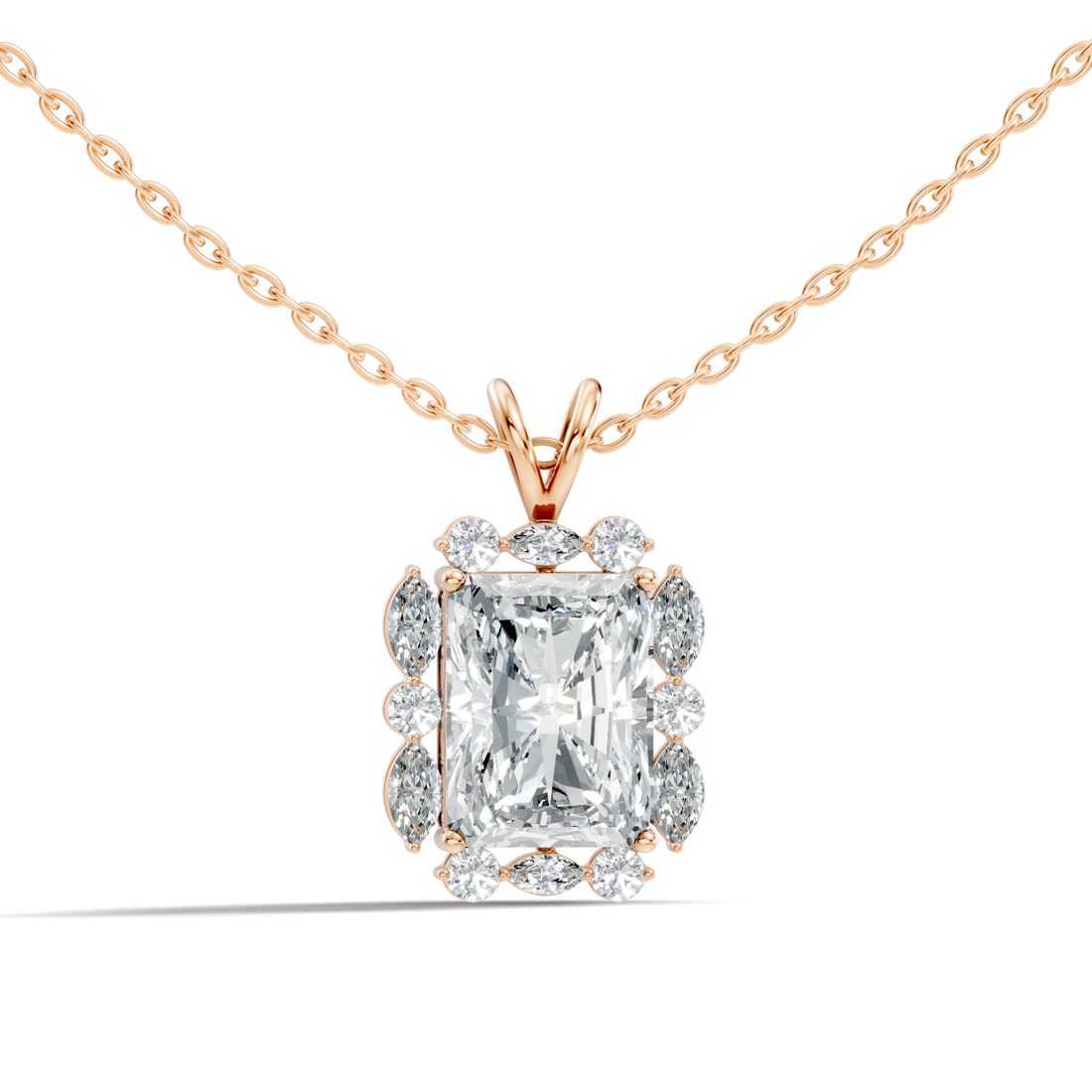 Radiant Cut Solitaire Diamond Pendant with Marquise & Round Halo