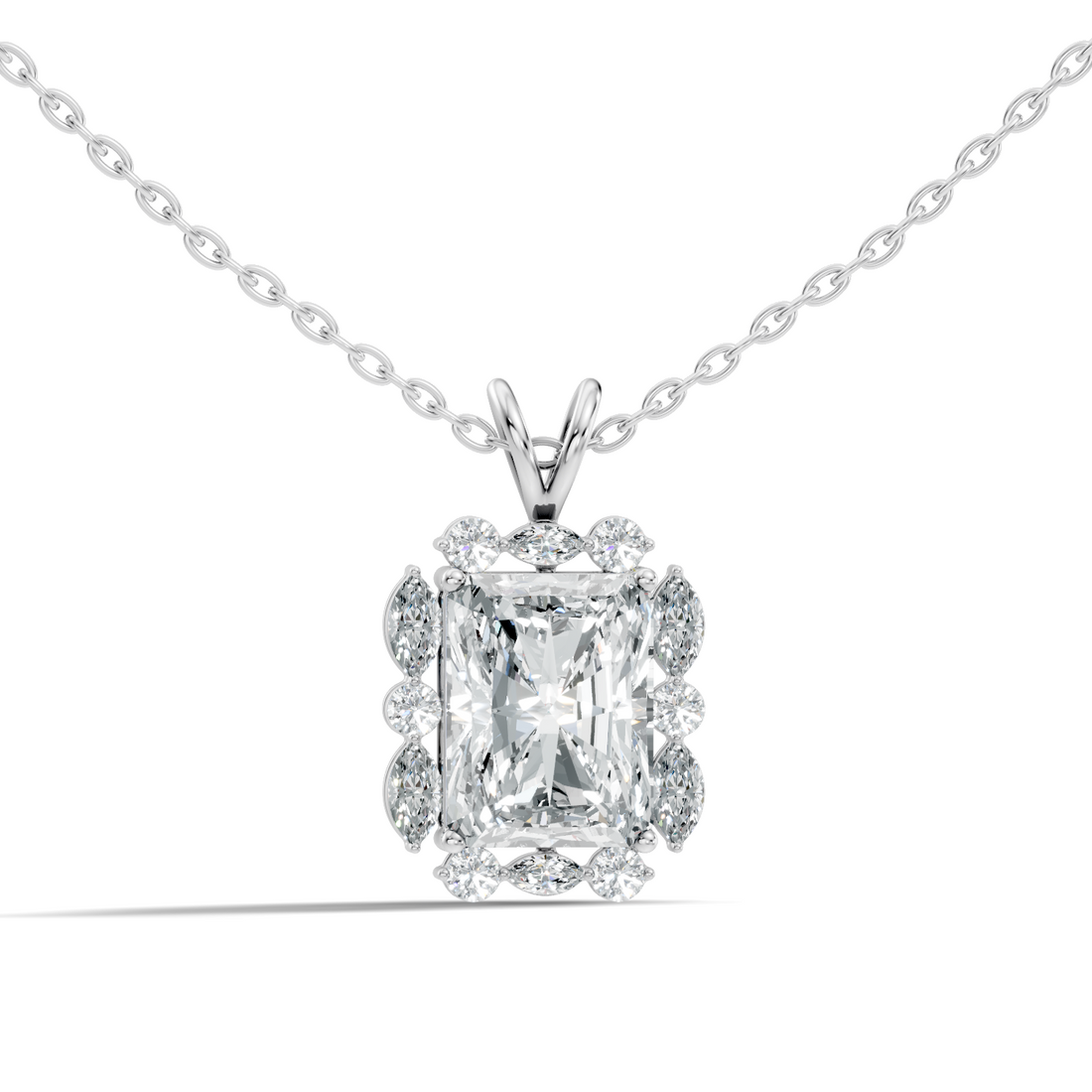 Radiant Cut Solitaire Diamond Pendant with Marquise & Round Halo