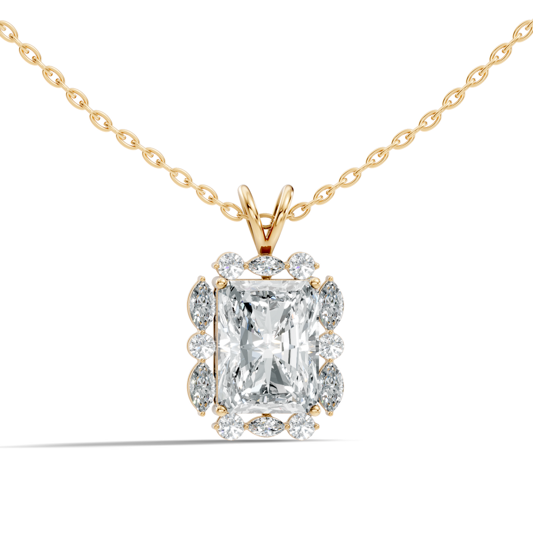 Radiant Cut Solitaire Diamond Pendant with Marquise & Round Halo