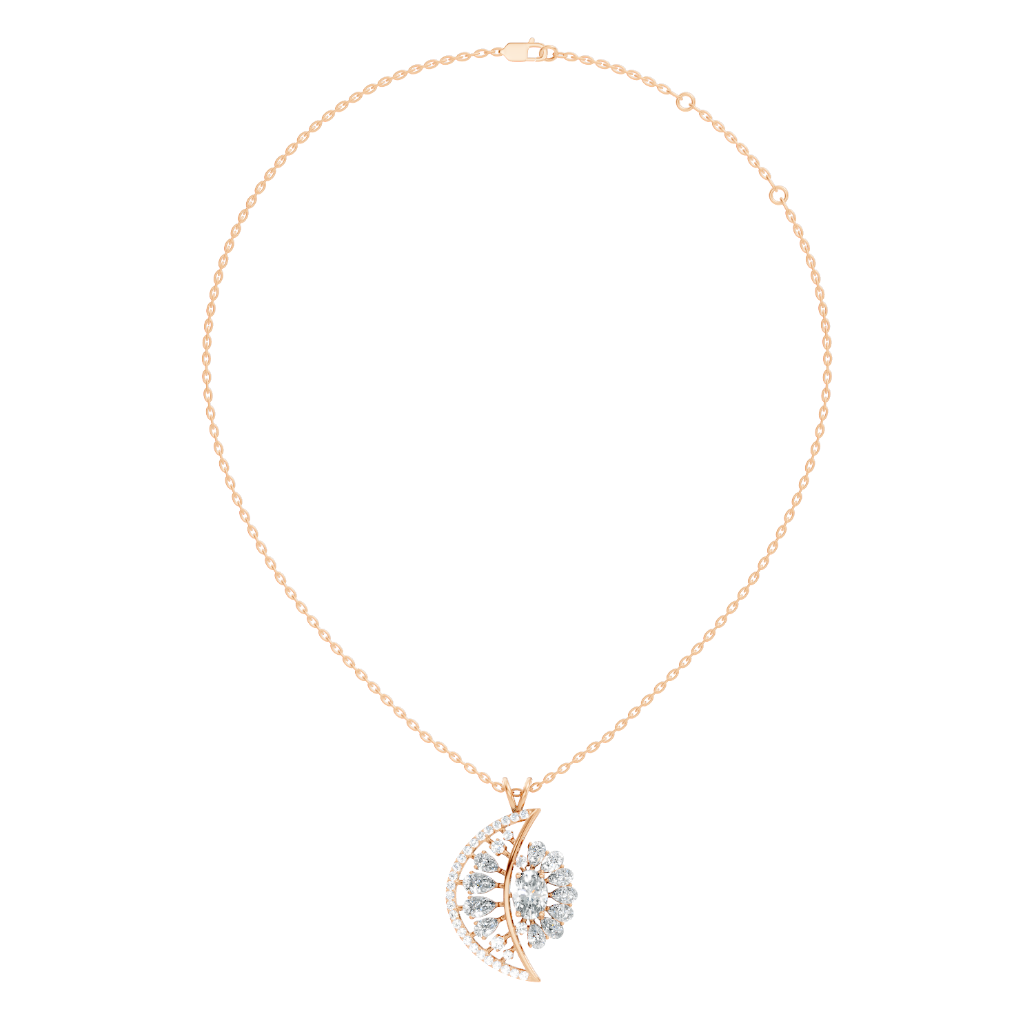 Oval Solitaire Celestial Crescent & Sunburst Diamond Statement Pendant