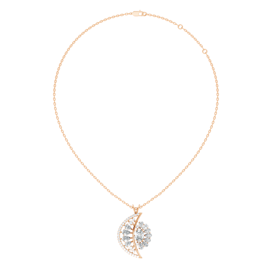 Oval Solitaire Celestial Crescent & Sunburst Diamond Statement Pendant