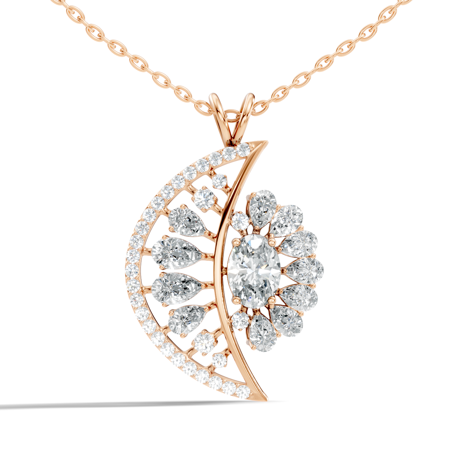 Oval Solitaire Celestial Crescent & Sunburst Diamond Statement Pendant