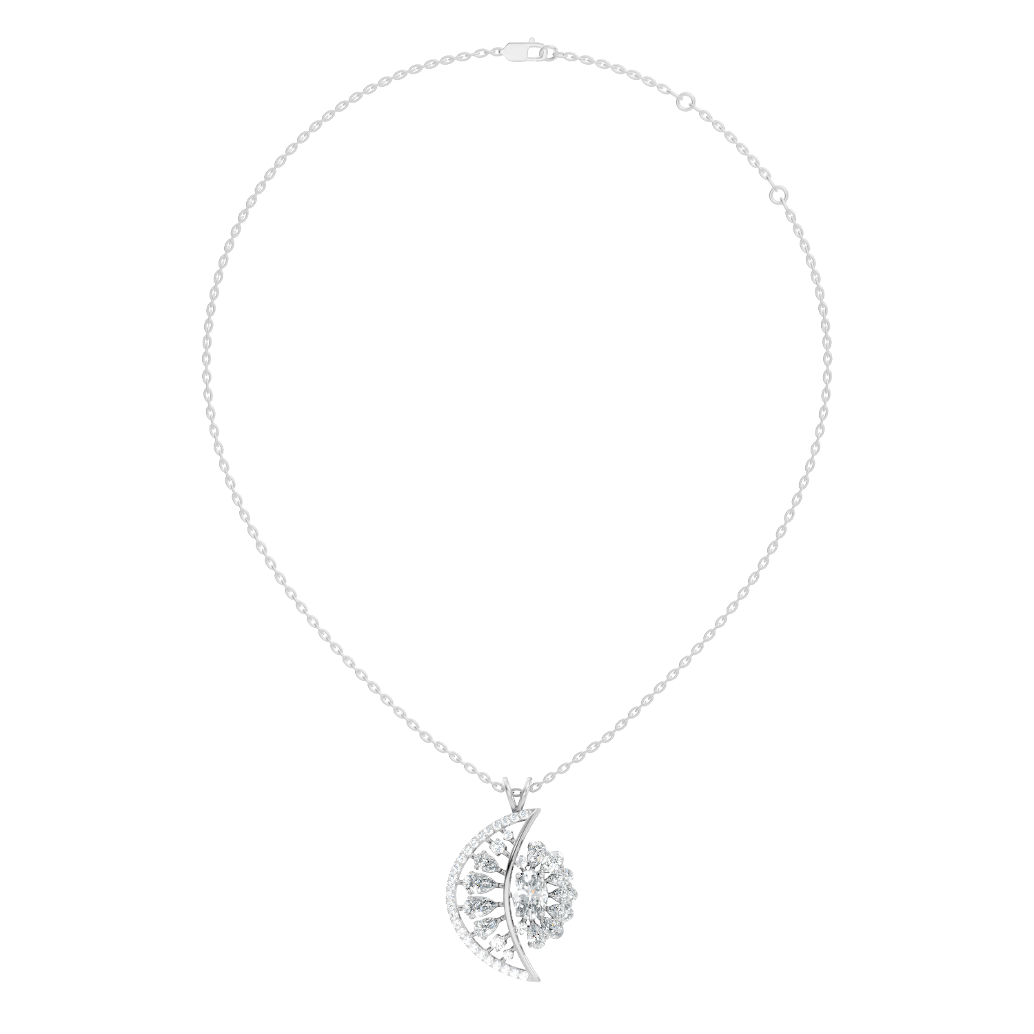 Oval Solitaire Celestial Crescent & Sunburst Diamond Statement Pendant