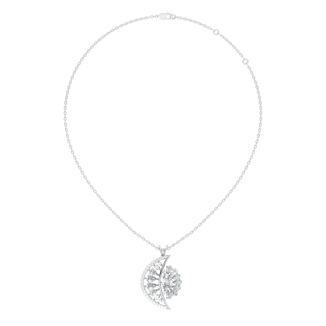 Oval Solitaire Celestial Crescent & Sunburst Diamond Statement Pendant