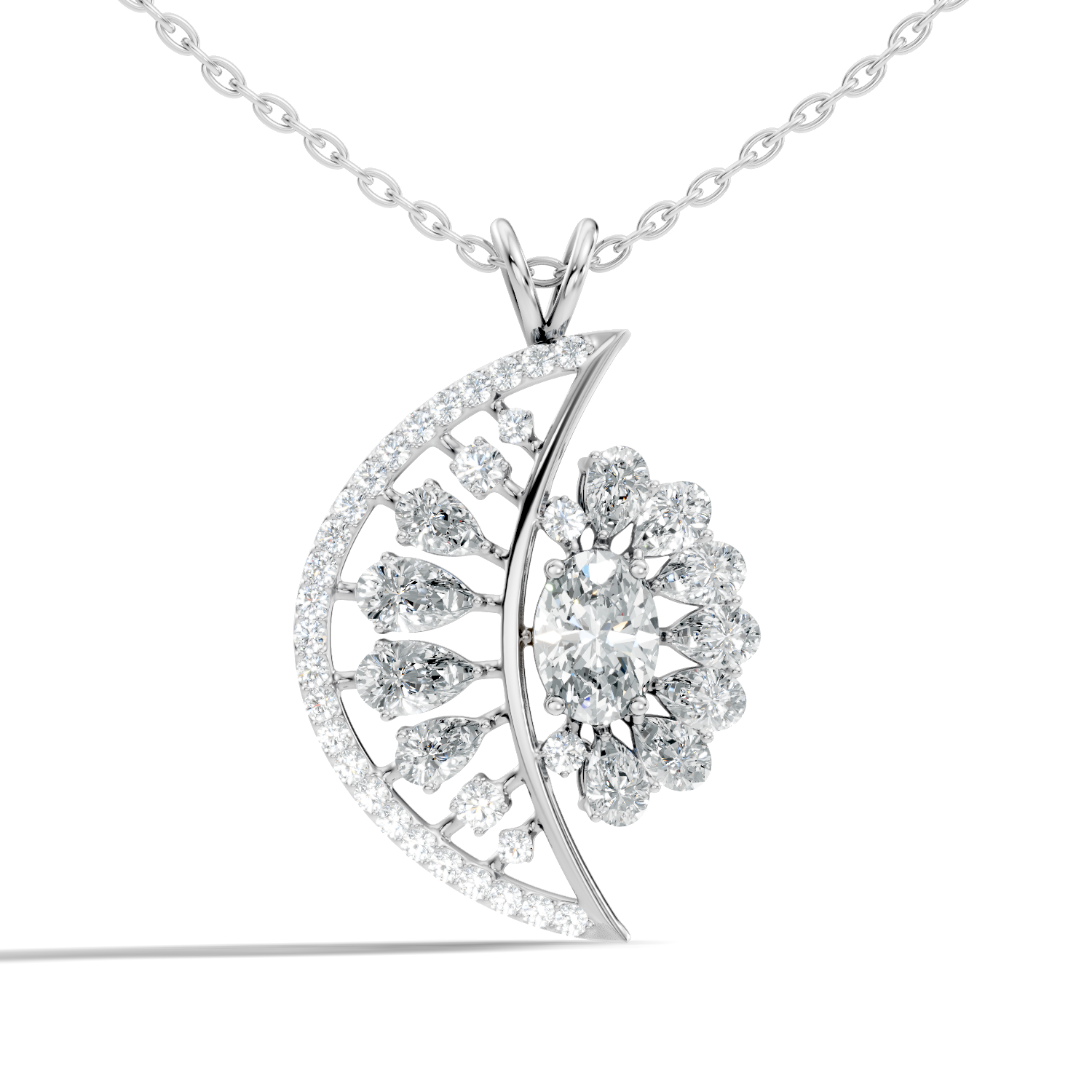 Oval Solitaire Celestial Crescent & Sunburst Diamond Statement Pendant