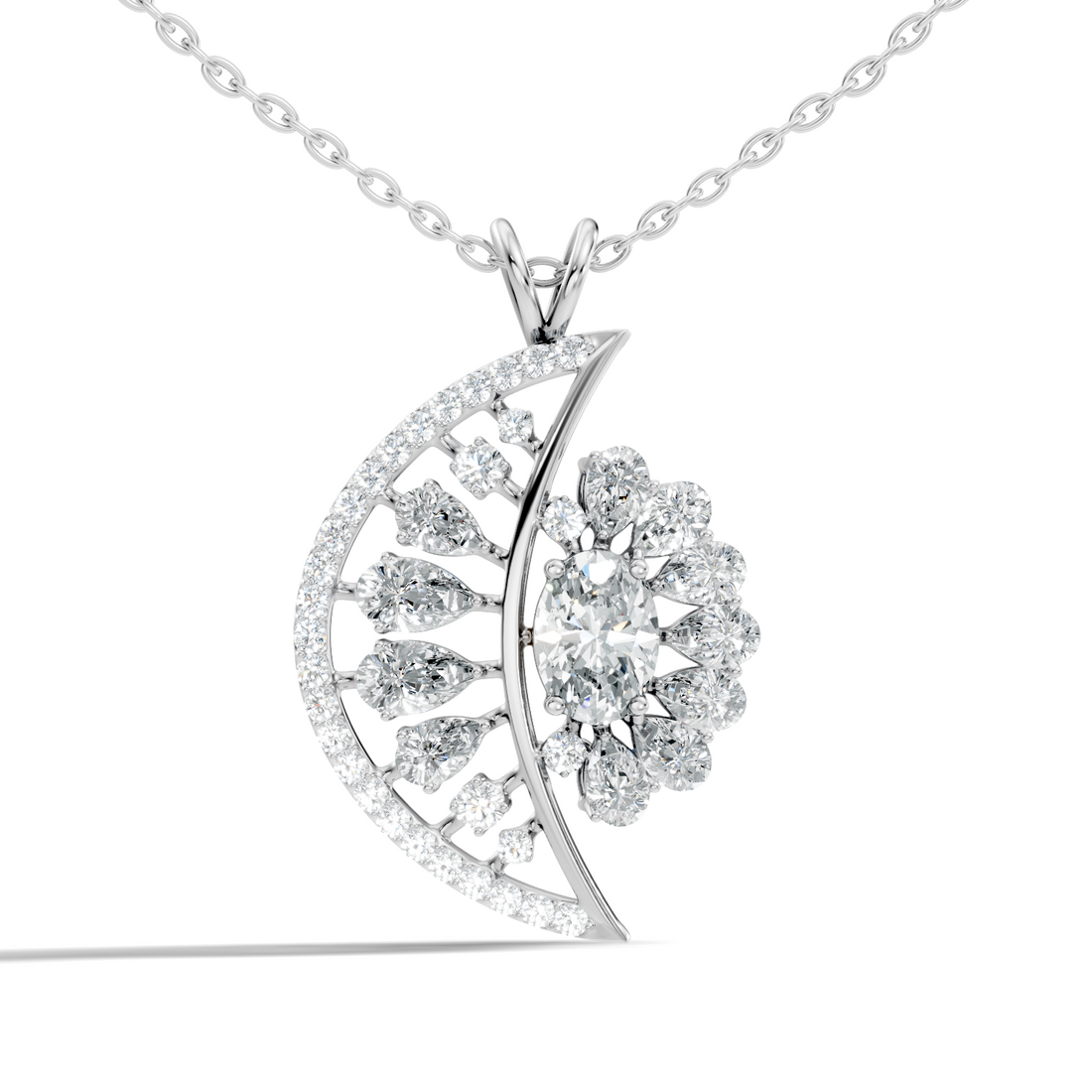 Oval Solitaire Celestial Crescent & Sunburst Diamond Statement Pendant