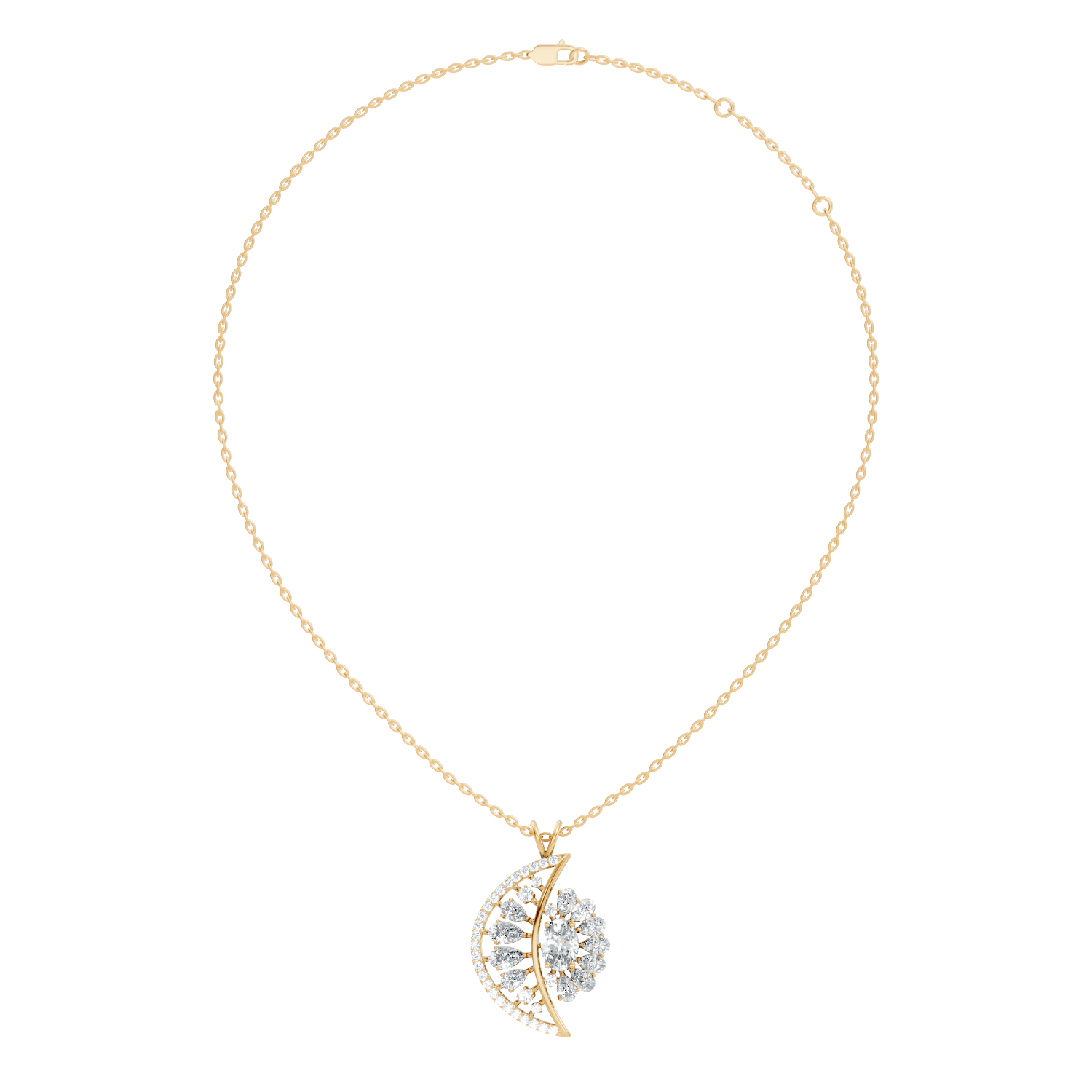 Oval Solitaire Celestial Crescent & Sunburst Diamond Statement Pendant