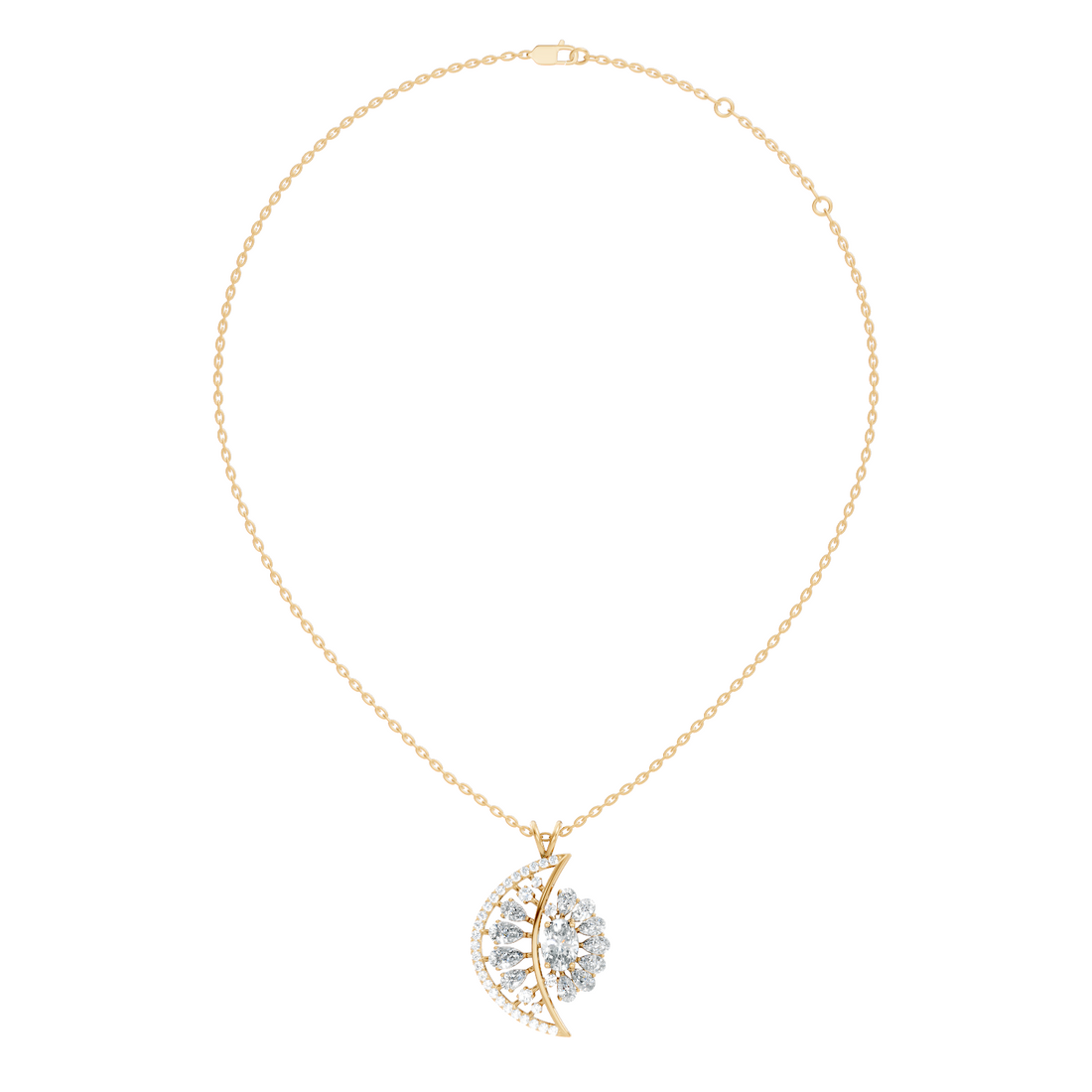 Oval Solitaire Celestial Crescent & Sunburst Diamond Statement Pendant