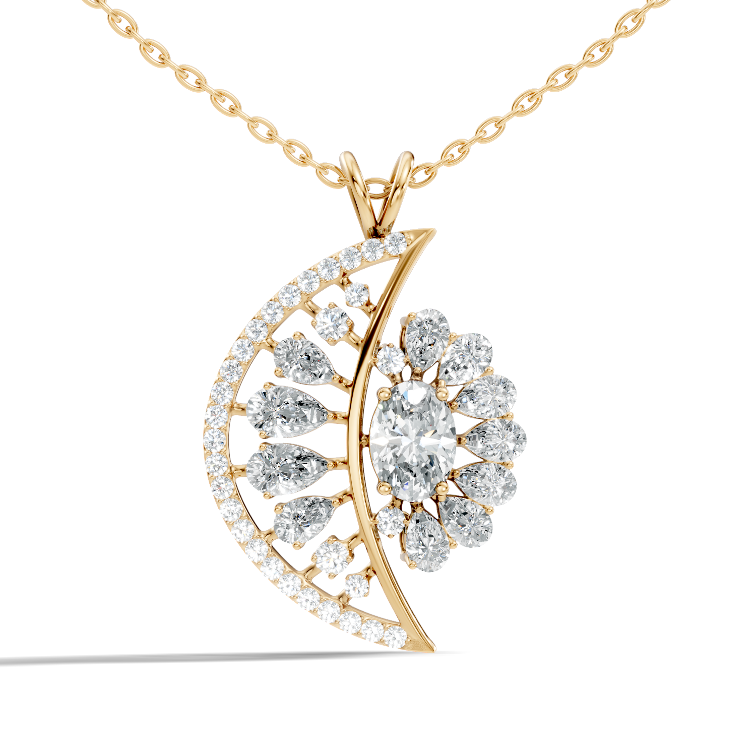 Oval Solitaire Celestial Crescent & Sunburst Diamond Statement Pendant