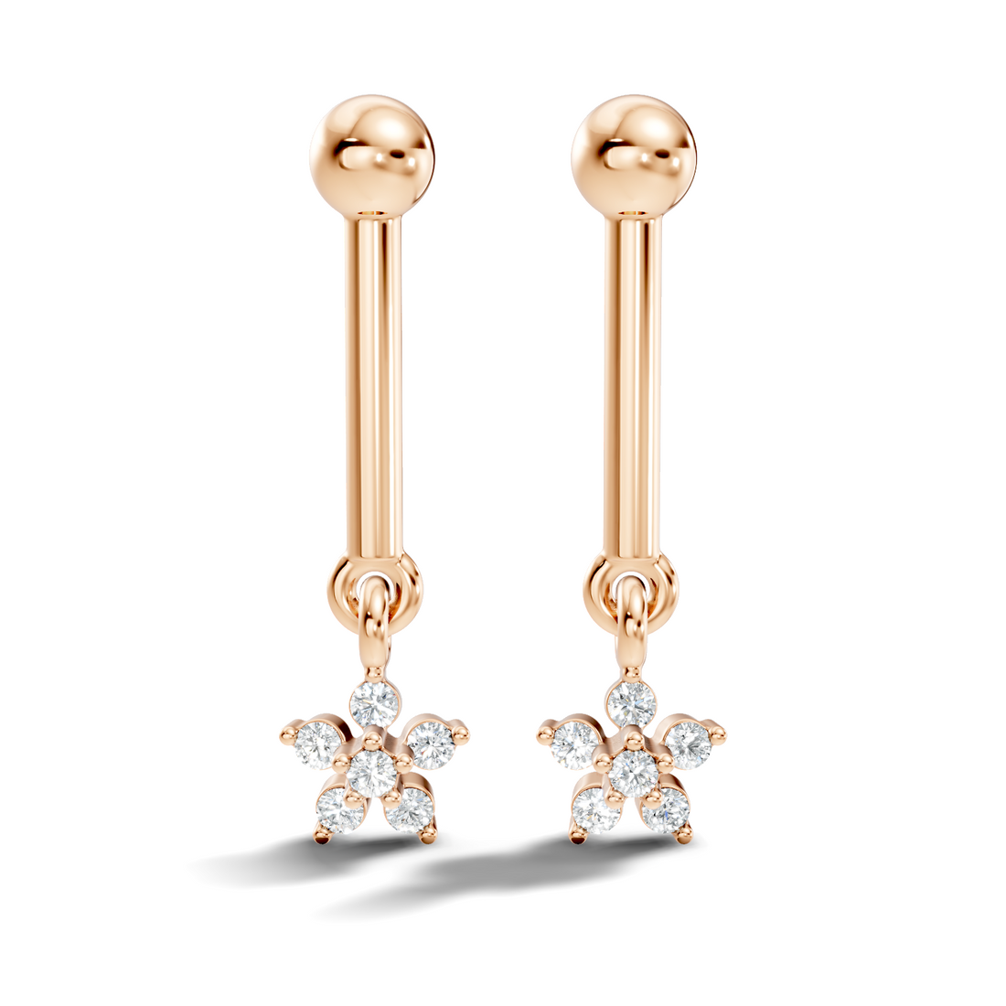 Round Diamond Bar & Floral Drop Earrings