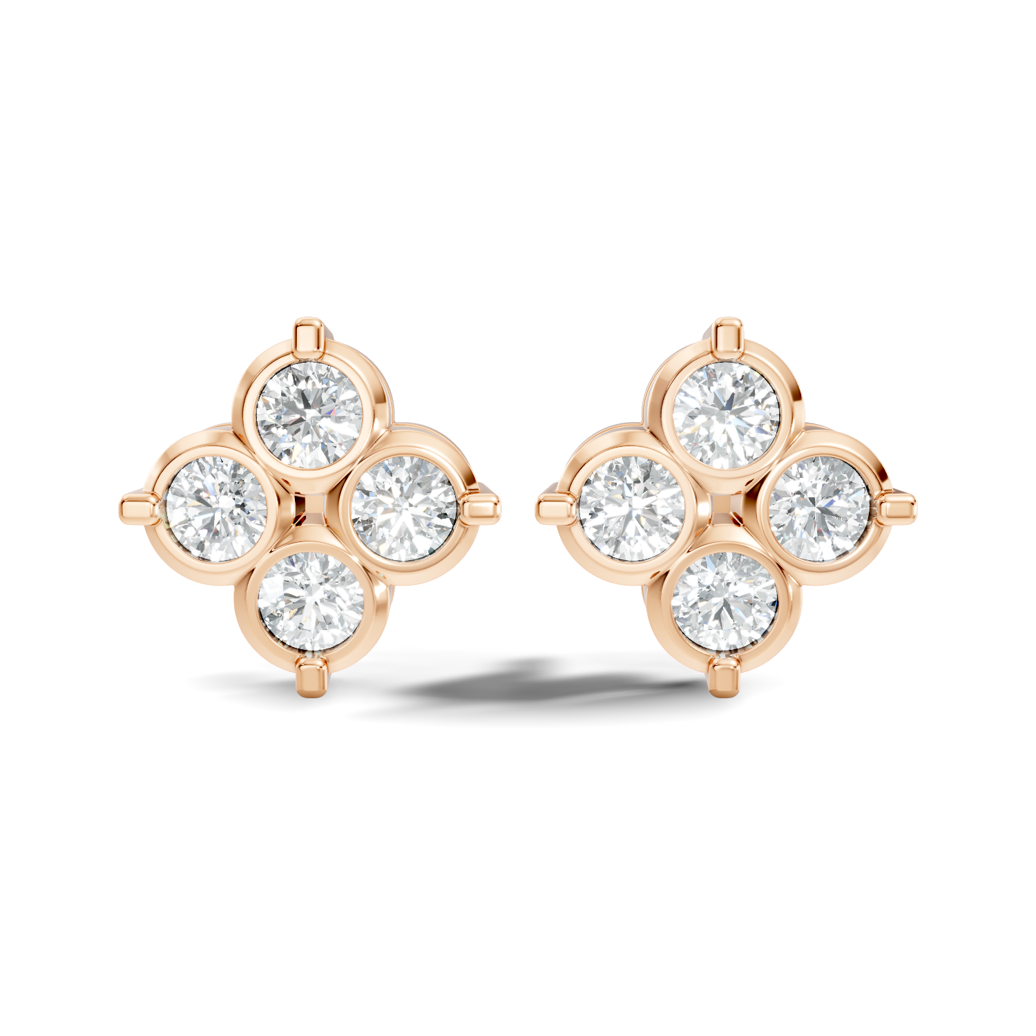 Four-Petal Floral Clover Round Diamond Cluster Stud