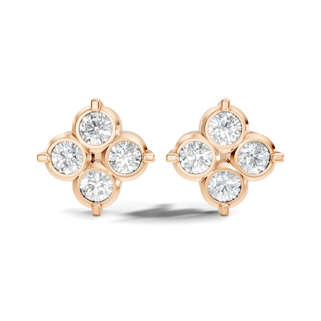 Four-Petal Floral Clover Round Diamond Cluster Stud