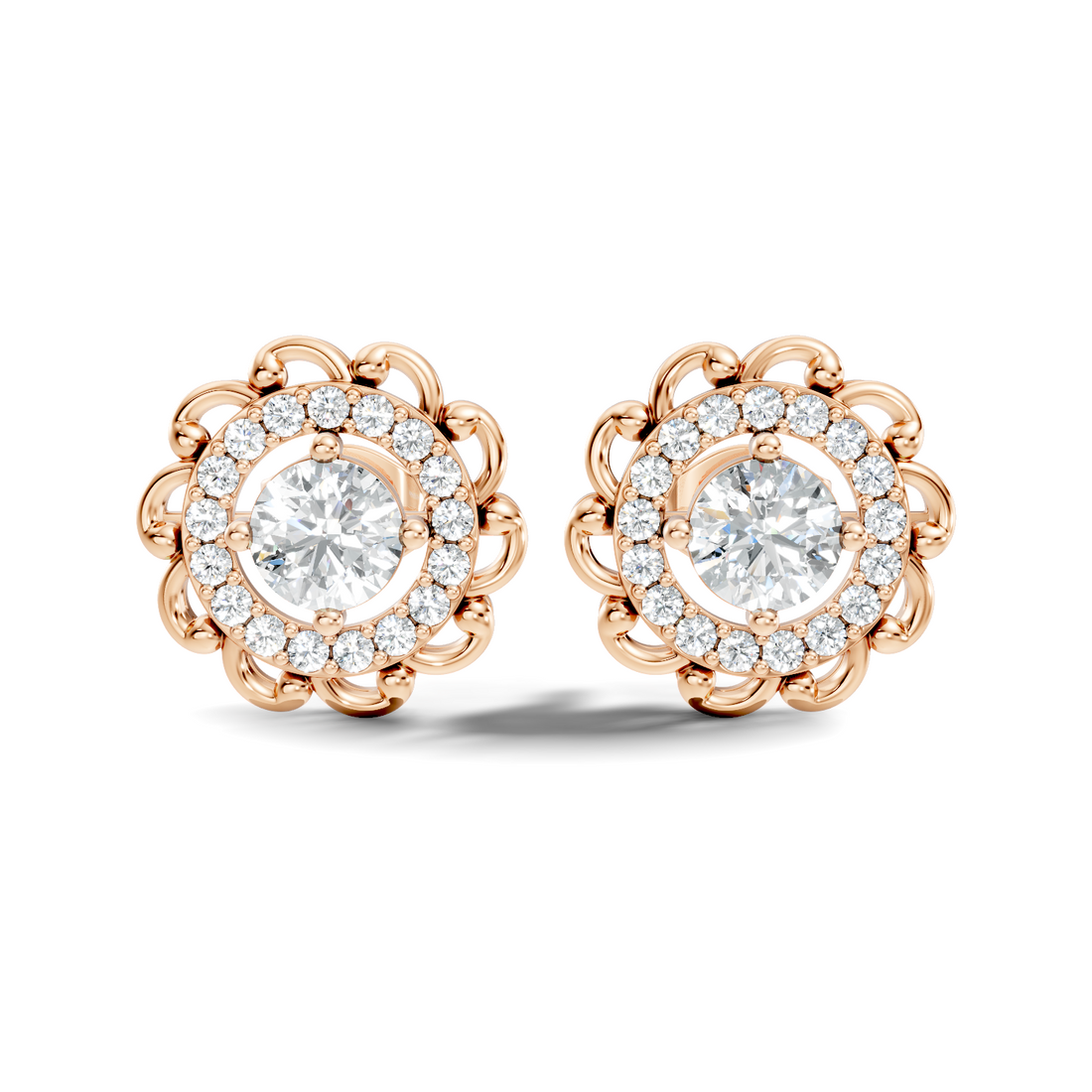 Round Solitaire & Scalloped Halo Diamond Stud