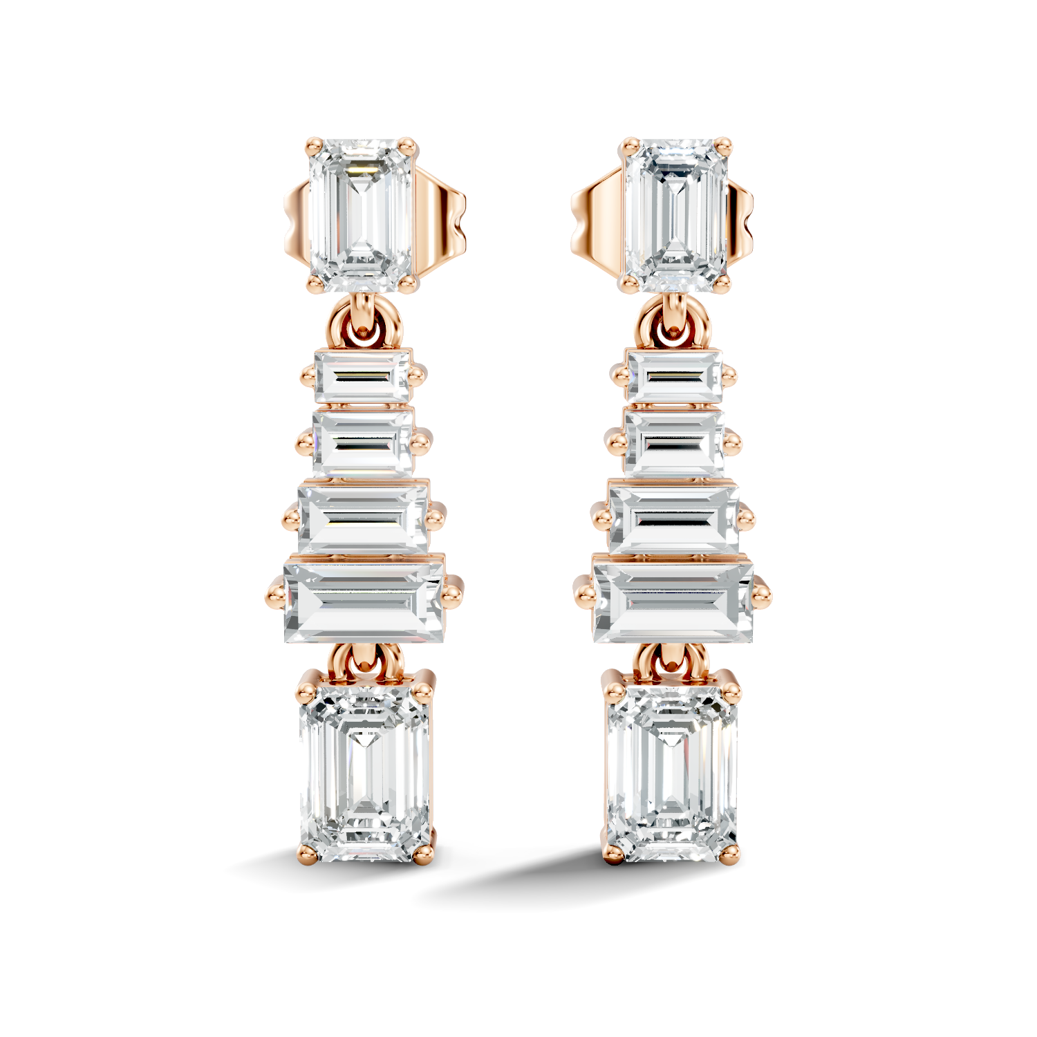 Emerald & Straight Baguette Diamond Linear Drop Earrings