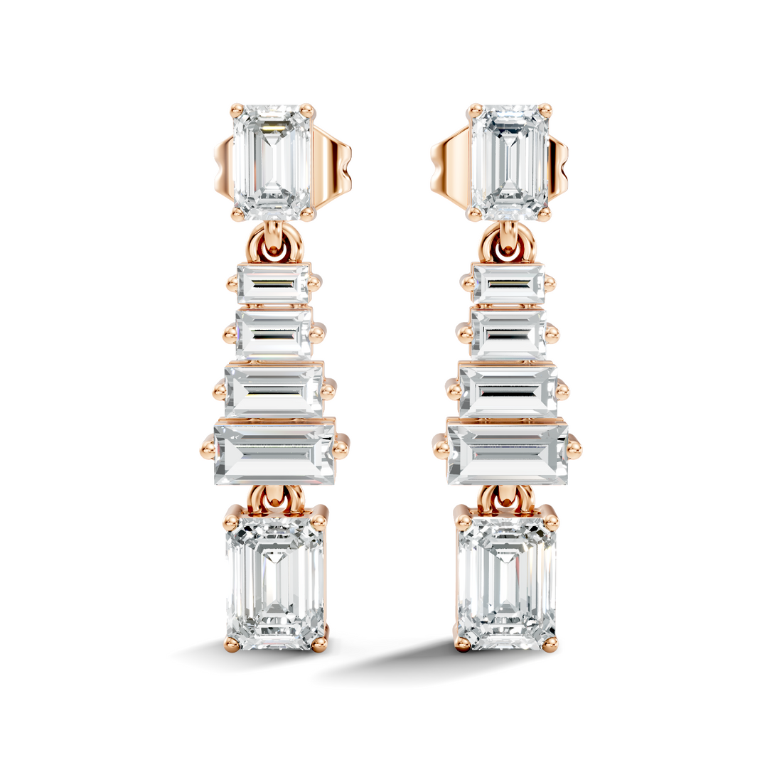 Emerald & Straight Baguette Diamond Linear Drop Earrings
